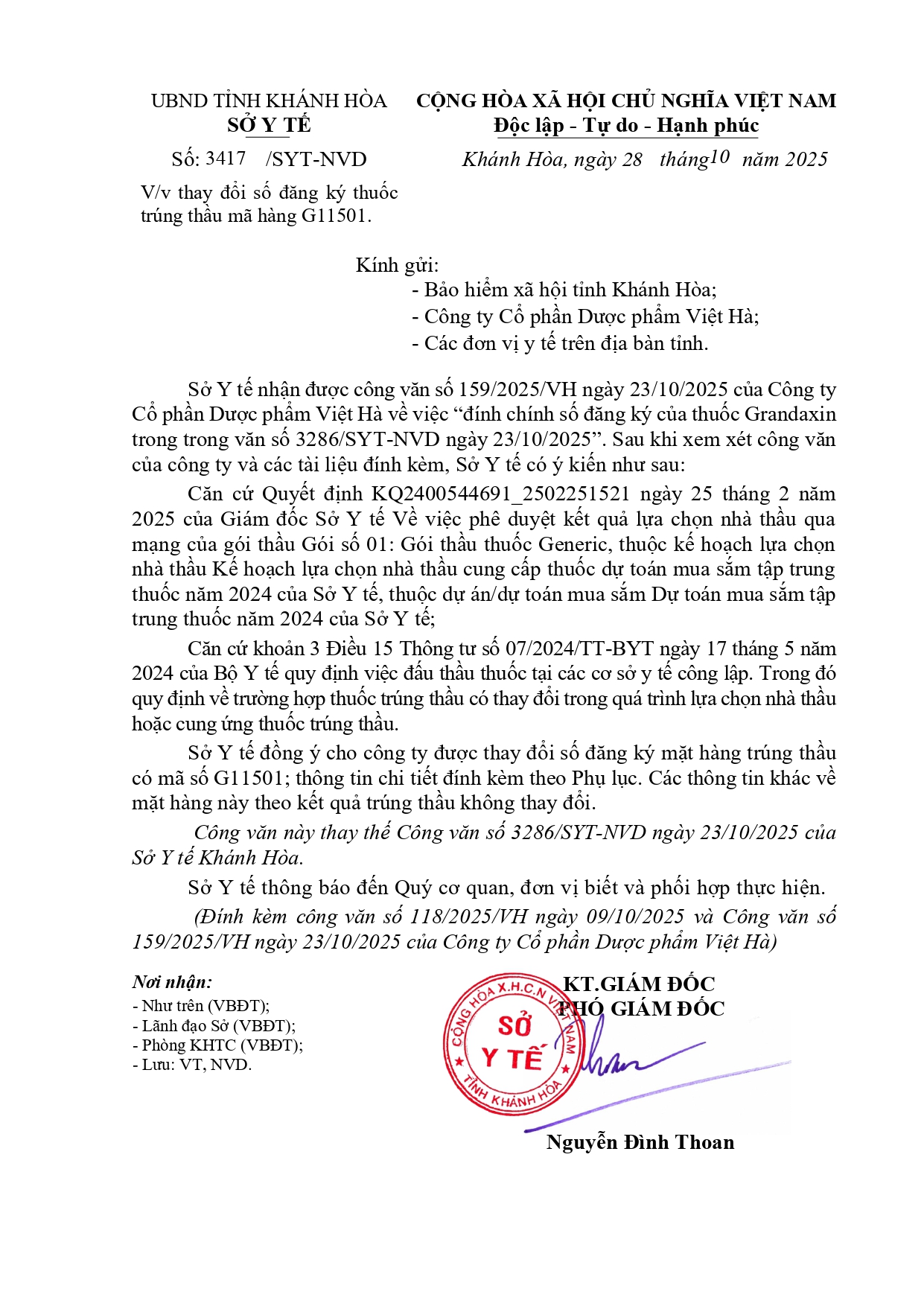 V/v thay đổi số đăng ký thuốc trúng thầu mã hàng G11501